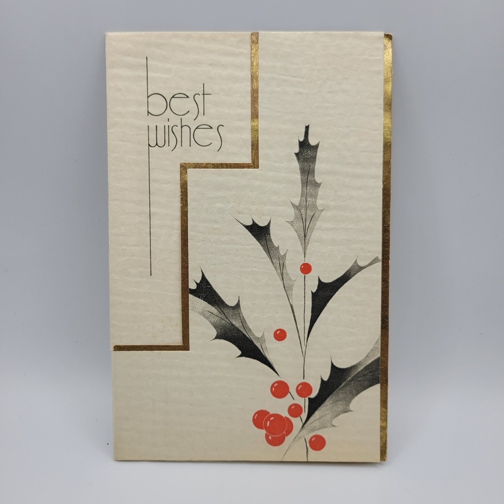 Vintage Best Wishes Christmas Card Linnea‎ & Harold Gold Foil Holly